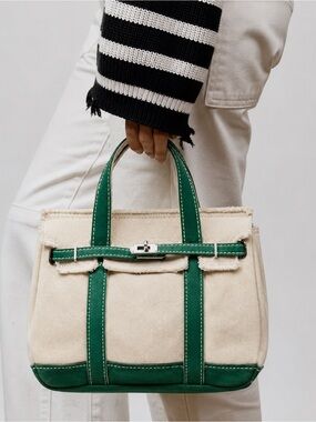 SUNWIN Kelly Green Boatkin Cream Canvas Satchel Green Trim Summer Handbad Bag